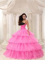 Cheap Layers Organza Hot Rose Pink Princess Ball Gown With Black