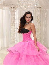 Cheap Layers Organza Hot Rose Pink Princess Ball Gown With Black