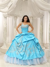 Elegant Aqua Taffeta Siver Applique Sweet 16 Dress With Organza Hemline