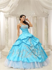 Elegant Aqua Taffeta Siver Applique Sweet 16 Dress With Organza Hemline