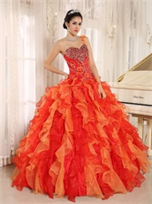 Alternant Orange and Red Ruffles Military Ball Gown Plump Women