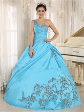 Aqua Blue Taffeta Shiny Embellishment Quinceanera Gown Alterable