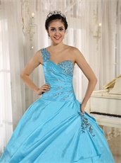 Aqua Blue Taffeta Shiny Embellishment Quinceanera Gown Alterable