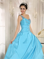 Aqua Blue Taffeta Shiny Embellishment Quinceanera Gown Alterable
