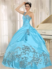 Aqua Blue Taffeta Shiny Embellishment Quinceanera Gown Alterable