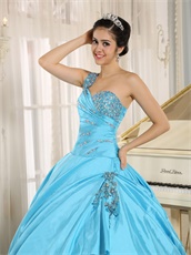 Aqua Blue Taffeta Shiny Embellishment Quinceanera Gown Alterable