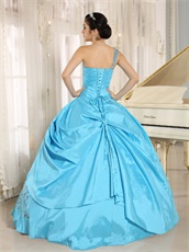 Aqua Blue Taffeta Shiny Embellishment Quinceanera Gown Alterable