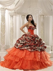 Orange Red Layers Quinceanera Dress Train With Leopard Bubble