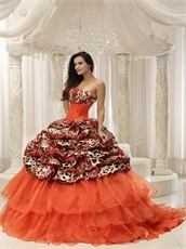 Orange Red Layers Quinceanera Dress Train With Leopard Bubble