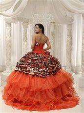 Orange Red Layers Quinceanera Dress Train With Leopard Bubble