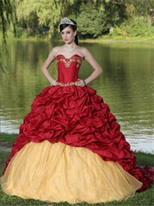 Flat Gold Organza Covered Wine Red Bubble Best Seller Quinceanera Gown