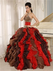 Multi-color Cyclic Ruffles Mixed Quinceanera Adult Gown With Leopard