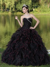 Black Ruffles Ball Gown With Hot Pink Details Ball Gown For Girl's Quinceanera