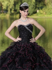 Black Ruffles Ball Gown With Hot Pink Details Ball Gown For Girl's Quinceanera