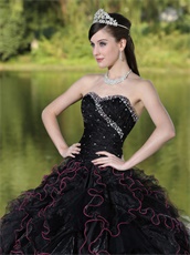 Black Ruffles Ball Gown With Hot Pink Details Ball Gown For Girl's Quinceanera