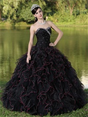 Black Ruffles Ball Gown With Hot Pink Details Ball Gown For Girl's Quinceanera