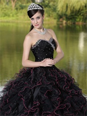 Black Ruffles Ball Gown With Hot Pink Details Ball Gown For Girl's Quinceanera