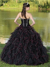 Black Ruffles Ball Gown With Hot Pink Details Ball Gown For Girl's Quinceanera