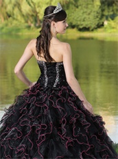 Black Ruffles Ball Gown With Hot Pink Details Ball Gown For Girl's Quinceanera