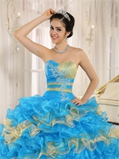 Stylish Puffy Cakes Skirt Sky Blue Quinceanera Ball Gown With Gold