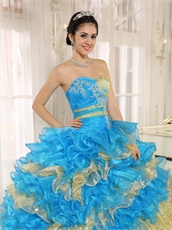 Stylish Puffy Cakes Skirt Sky Blue Quinceanera Ball Gown With Gold