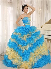 Stylish Puffy Cakes Skirt Sky Blue Quinceanera Ball Gown With Gold