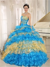 Stylish Puffy Cakes Skirt Sky Blue Quinceanera Ball Gown With Gold