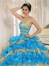 Stylish Puffy Cakes Skirt Sky Blue Quinceanera Ball Gown With Gold