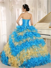 Stylish Puffy Cakes Skirt Sky Blue Quinceanera Ball Gown With Gold