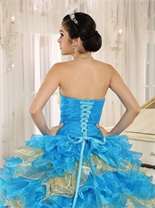 Stylish Puffy Cakes Skirt Sky Blue Quinceanera Ball Gown With Gold