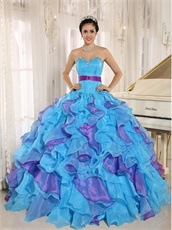 Girlish Aqua Blue and Fuchsia Cyclic Ruffles Puffy Form Ball Gown