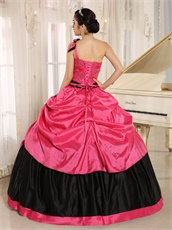 One Shoulder Coral Taffeta Puffy Senior High School Graduation Ball Gown