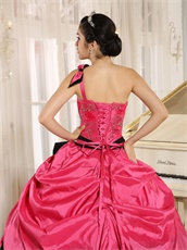 One Shoulder Coral Taffeta Puffy Senior High School Graduation Ball Gown