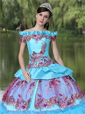 Exclusive Off Shoulder Appliques Cakes Ball Gown Quinceanera Dress Aqua