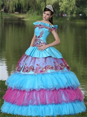 Exclusive Off Shoulder Appliques Cakes Ball Gown Quinceanera Dress Aqua