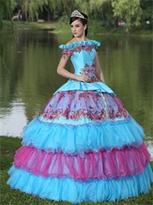 Exclusive Off Shoulder Appliques Cakes Ball Gown Quinceanera Dress Aqua