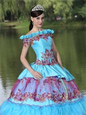 Exclusive Off Shoulder Appliques Cakes Ball Gown Quinceanera Dress Aqua