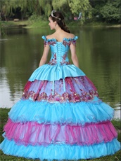 Exclusive Off Shoulder Appliques Cakes Ball Gown Quinceanera Dress Aqua