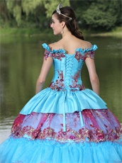 Exclusive Off Shoulder Appliques Cakes Ball Gown Quinceanera Dress Aqua