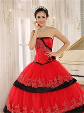 Pretty Lacework Layers Cake Quinceanera Ball Gown Red With Black Detail