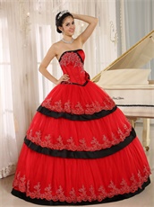 Pretty Lacework Layers Cake Quinceanera Ball Gown Red With Black Detail