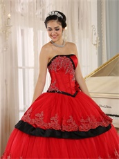 Pretty Lacework Layers Cake Quinceanera Ball Gown Red With Black Detail