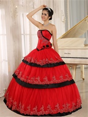 Pretty Lacework Layers Cake Quinceanera Ball Gown Red With Black Detail