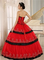 Pretty Lacework Layers Cake Quinceanera Ball Gown Red With Black Detail