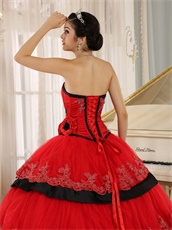 Pretty Lacework Layers Cake Quinceanera Ball Gown Red With Black Detail