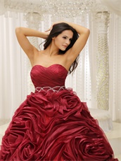 Pretty Wine Red Rolled Flowers Quinceanera Dress Puffy For Evening