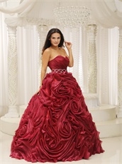 Pretty Wine Red Rolled Flowers Quinceanera Dress Puffy For Evening