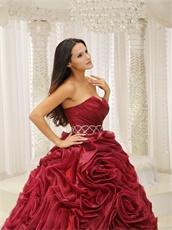 Pretty Wine Red Rolled Flowers Quinceanera Dress Puffy For Evening