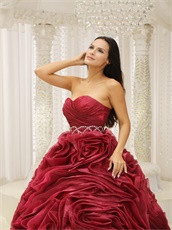 Pretty Wine Red Rolled Flowers Quinceanera Dress Puffy For Evening