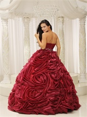 Pretty Wine Red Rolled Flowers Quinceanera Dress Puffy For Evening